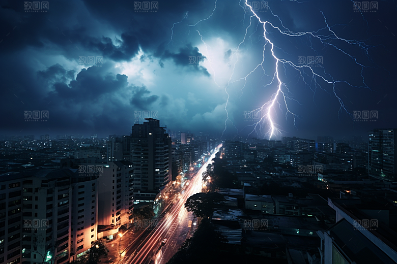 暴雨闪电城市电闪雷鸣摄影图