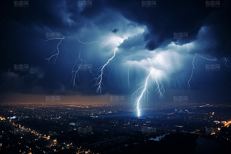 暴雨闪电城市恶劣天气摄影图