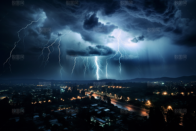 暴雨闪电极端天气城市摄影图