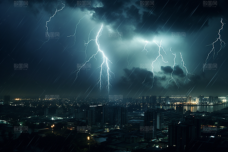暴雨闪电城市自然现象摄影图