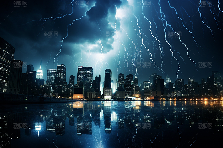 暴雨闪电极端天气城市摄影图