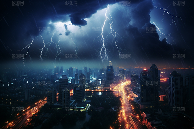 暴雨闪电电闪雷鸣城市摄影图