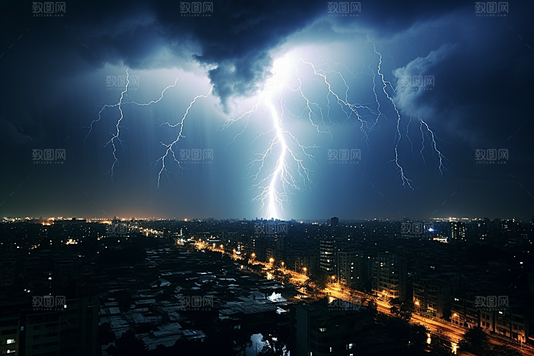 暴雨闪电城市气象摄影图