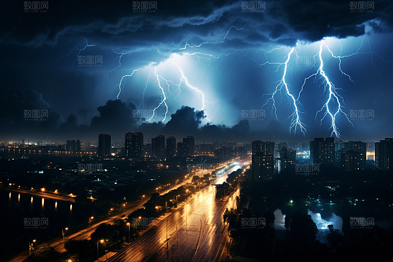 暴雨闪电高清极端天气摄影图