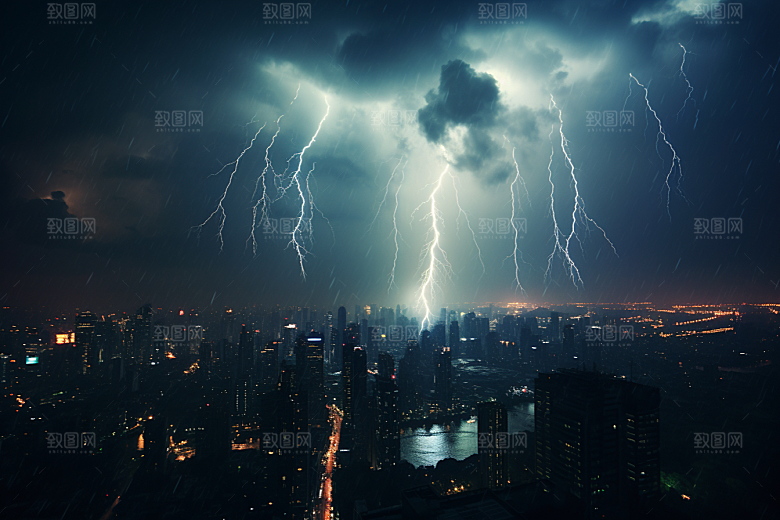 暴雨闪电自然现象城市摄影图
