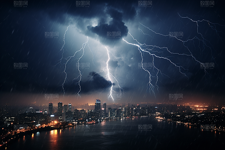 暴雨闪电恶劣天气城市摄影图
