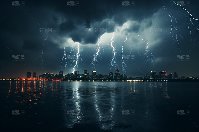 暴雨闪电城市自然灾害摄影图