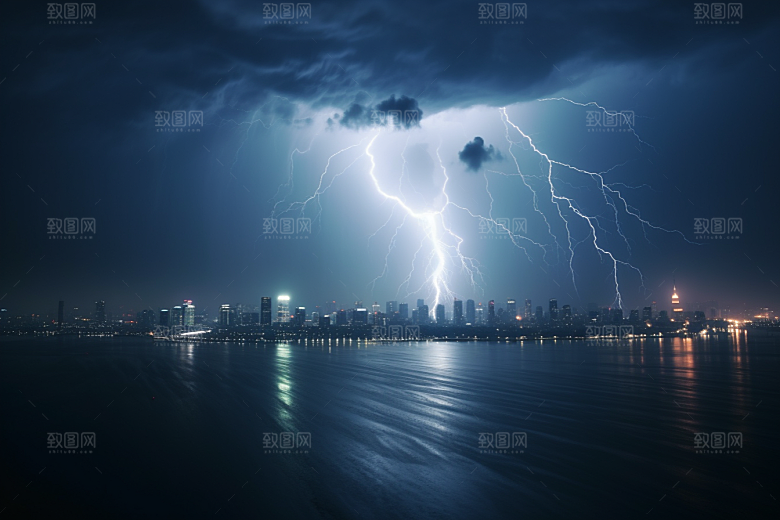 暴雨闪电城市雷暴摄影图
