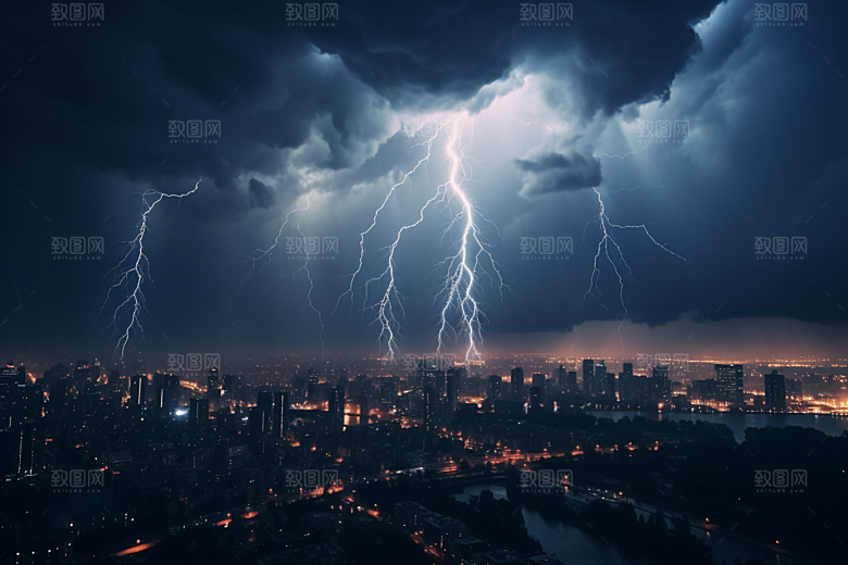 暴雨闪电自然灾害极端天气摄影图
