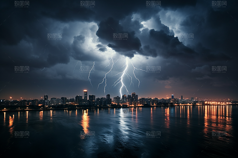 暴雨闪电气象城市摄影图