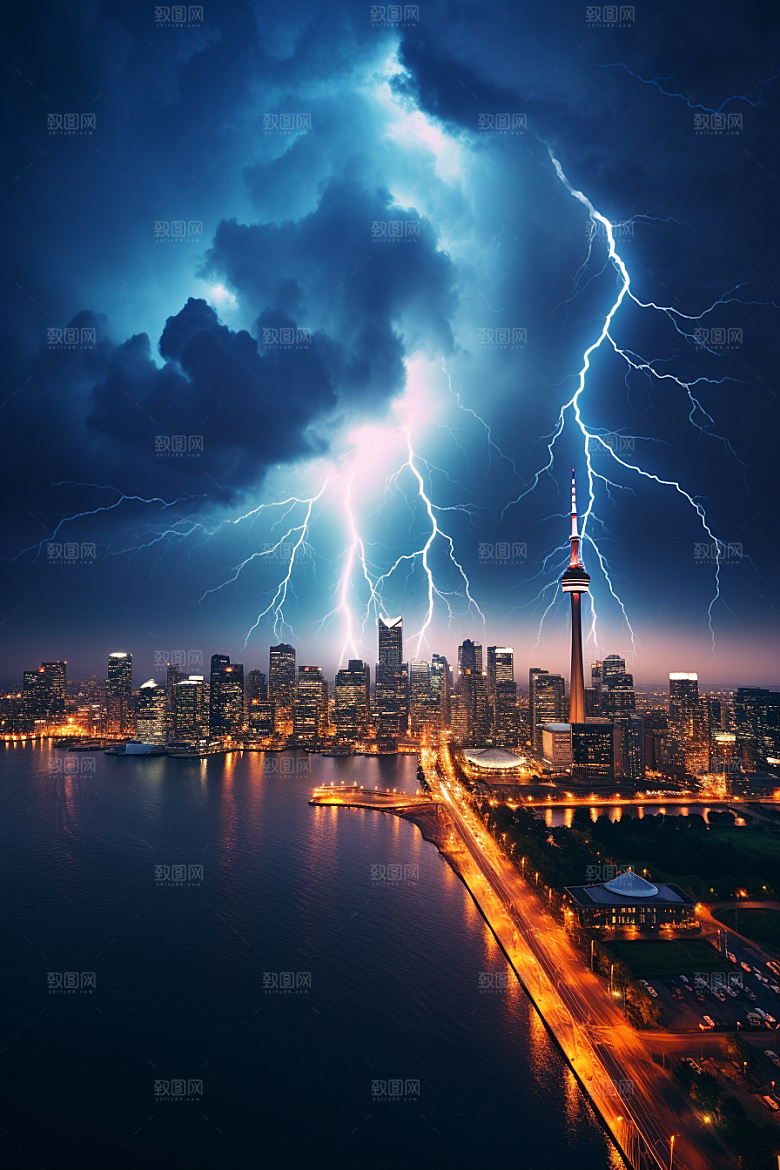 暴雨闪电城市高清摄影图