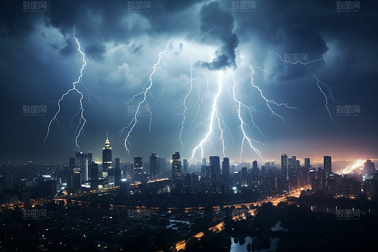 暴雨闪电电闪雷鸣自然灾害摄影图