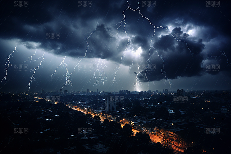 暴雨闪电极端天气自然灾害摄影图