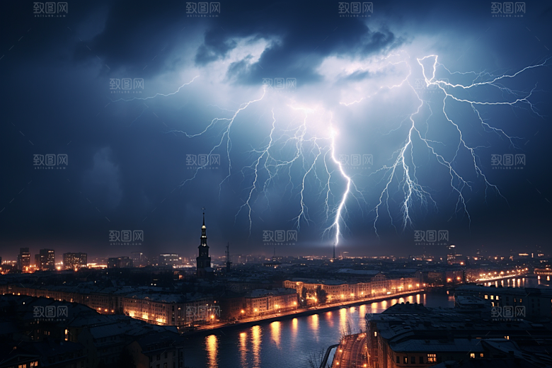暴雨闪电雷暴极端天气摄影图