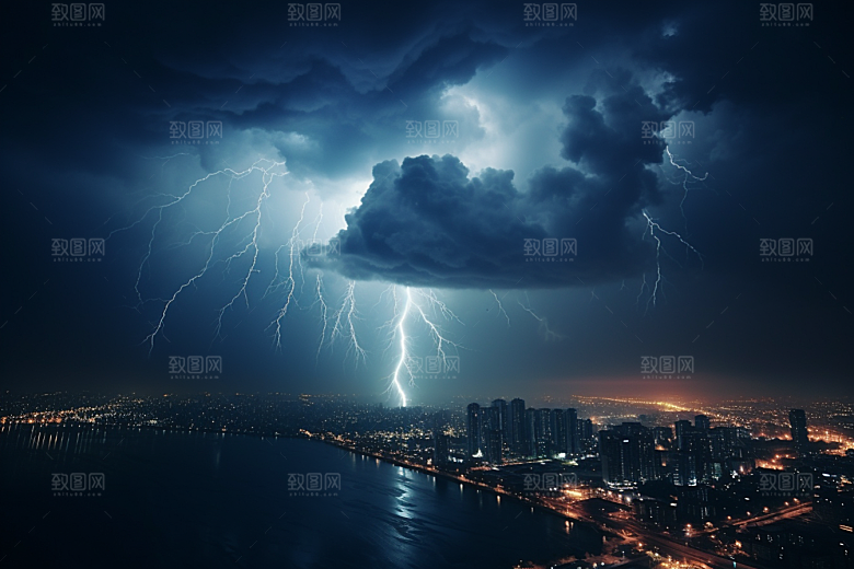 暴雨闪电电闪雷鸣城市摄影图
