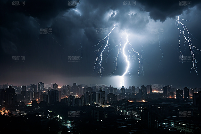 暴雨闪电城市雷雨摄影图