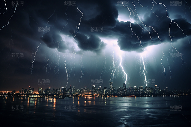 暴雨闪电城市电闪雷鸣摄影图