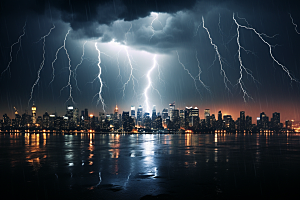 暴雨闪电城市电闪雷鸣摄影图