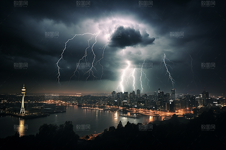 暴雨闪电城市自然现象摄影图