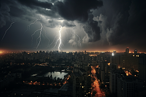 暴雨闪电城市电闪雷鸣摄影图