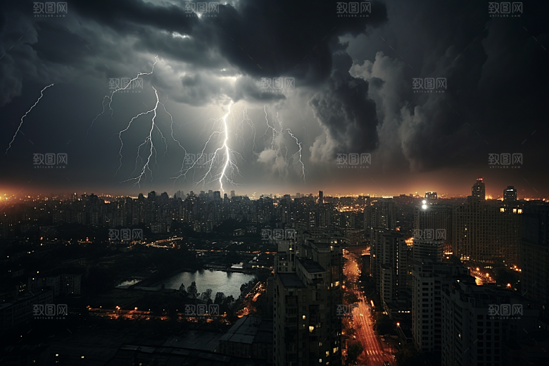 暴雨闪电城市电闪雷鸣摄影图