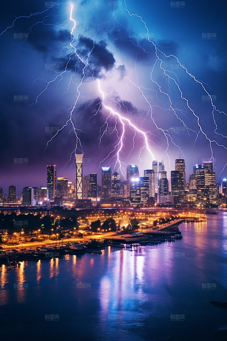 暴雨闪电极端天气自然灾害摄影图