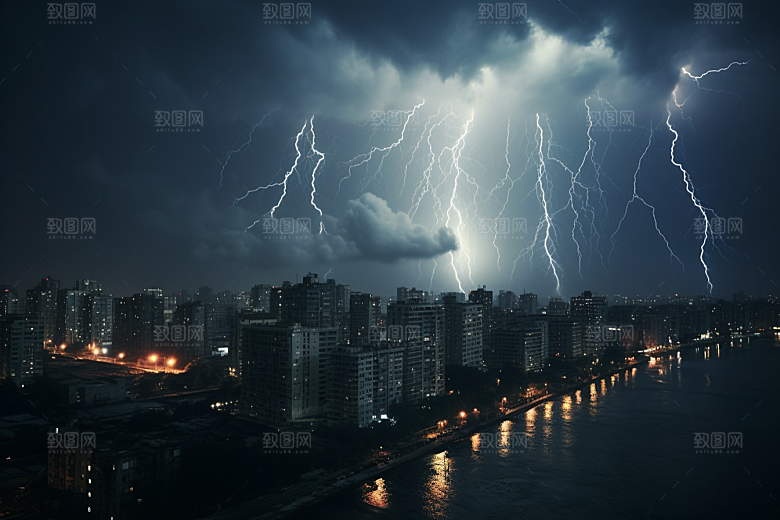 暴雨闪电气象城市摄影图