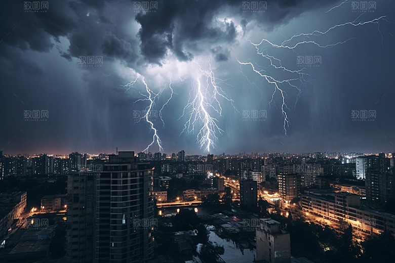 暴雨闪电电闪雷鸣极端天气摄影图