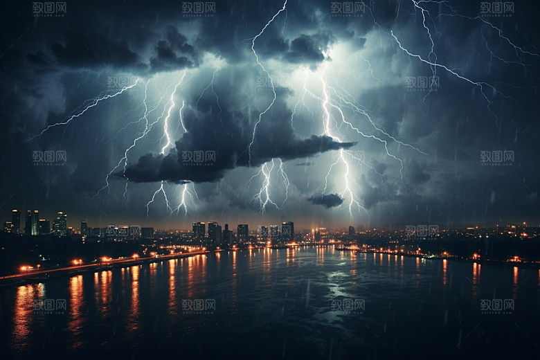 暴雨闪电电闪雷鸣极端天气摄影图
