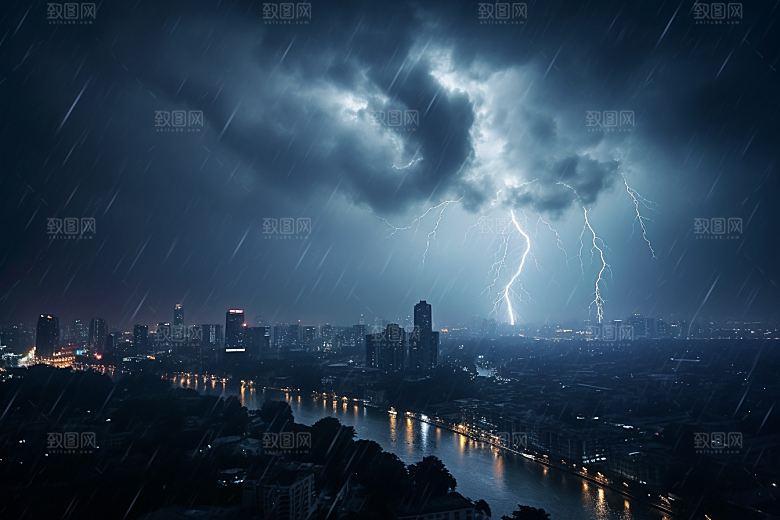 暴雨闪电极端天气自然灾害摄影图