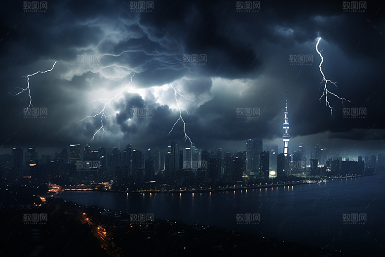 暴雨闪电城市恶劣天气摄影图