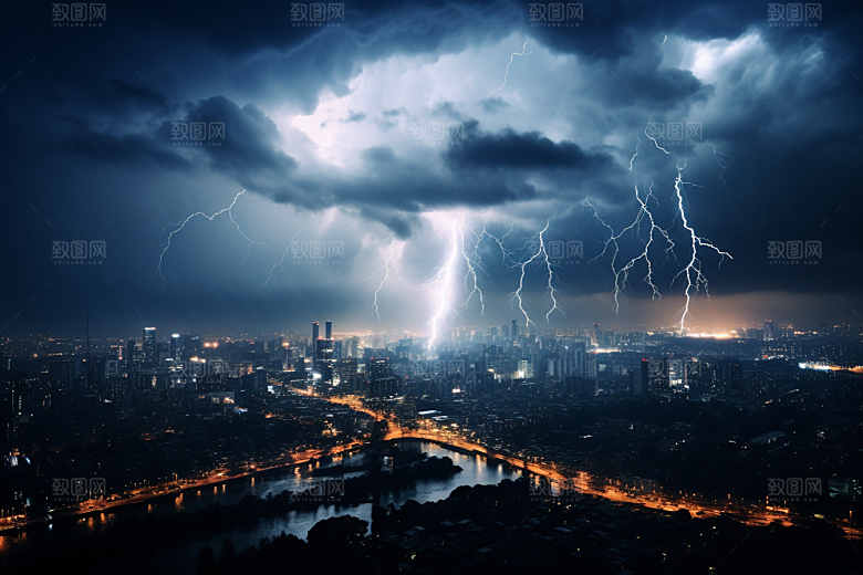 暴雨闪电雷雨自然灾害摄影图