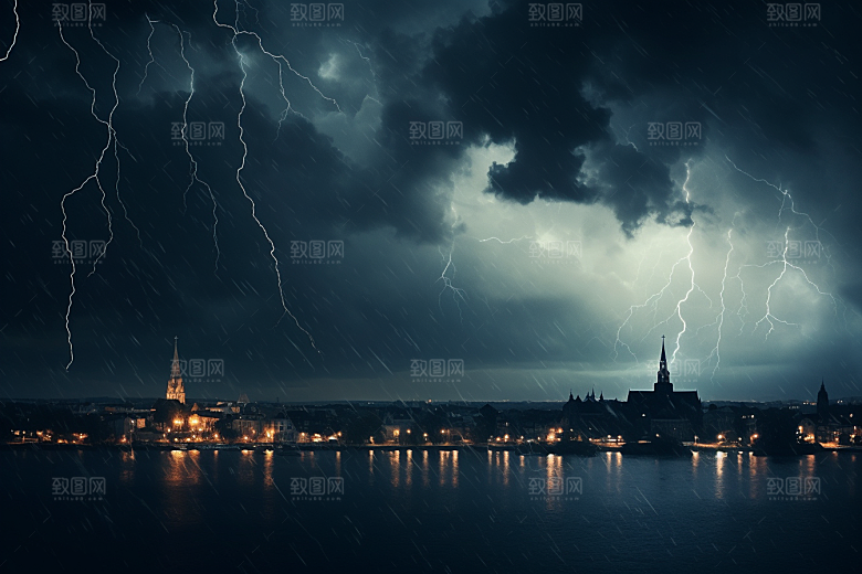 暴雨闪电城市自然灾害摄影图
