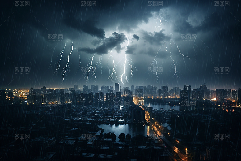 暴雨闪电极端天气自然灾害摄影图