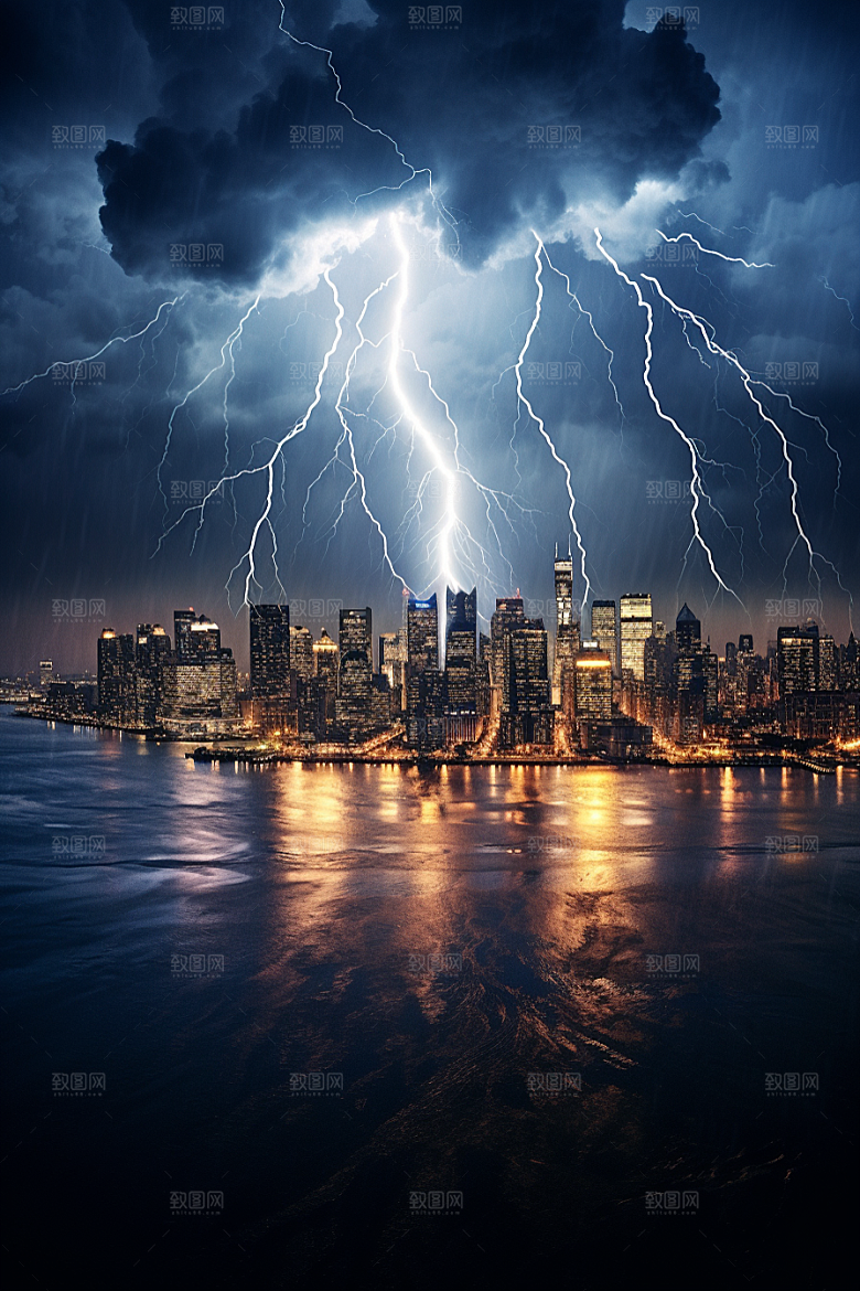 暴雨闪电电闪雷鸣极端天气摄影图