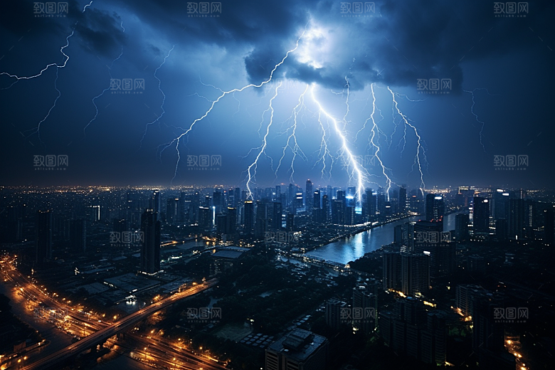 暴雨闪电电闪雷鸣城市摄影图