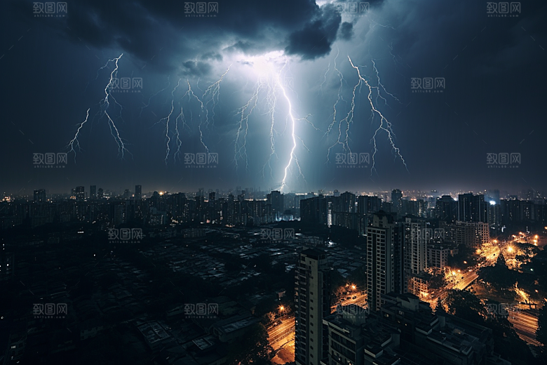暴雨闪电城市雷暴摄影图