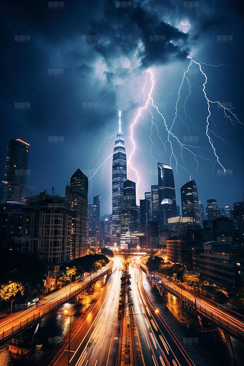 暴雨闪电雷暴极端天气摄影图
