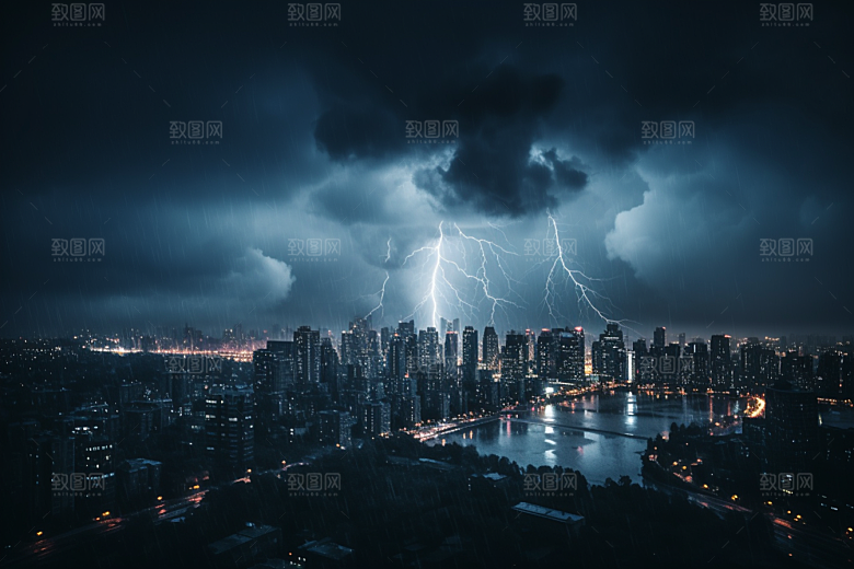 暴雨闪电雷暴城市摄影图