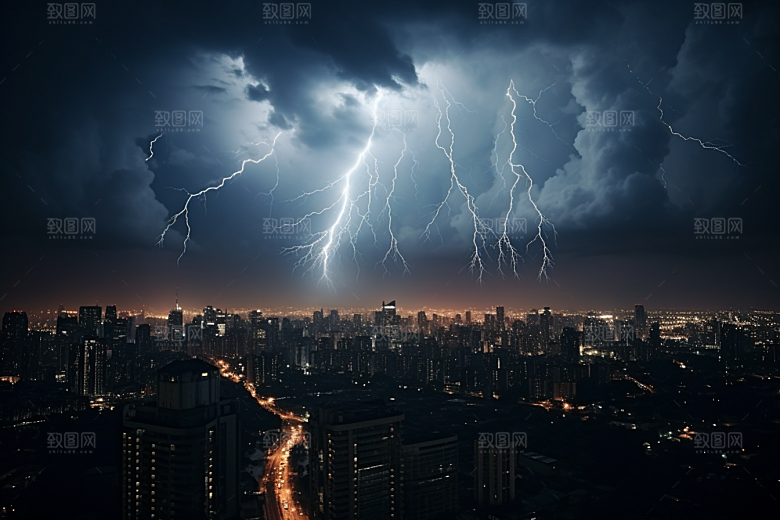 暴雨闪电雷雨城市摄影图