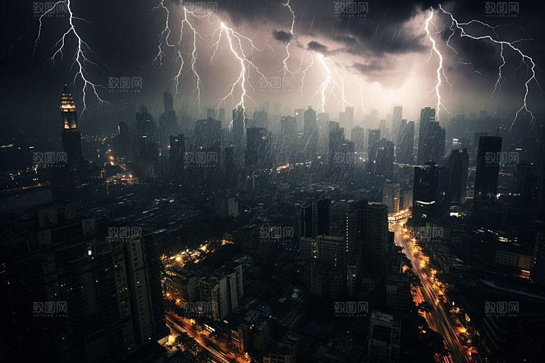 暴雨闪电恶劣天气城市摄影图