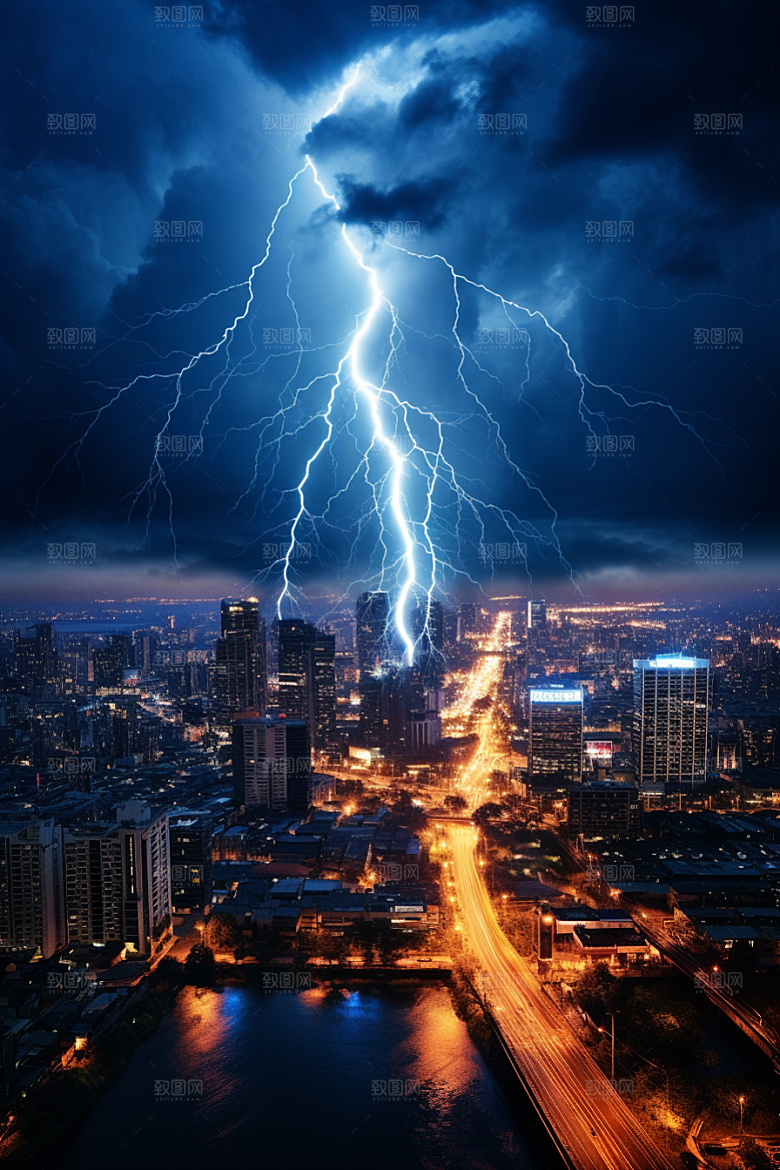 暴雨闪电城市雷暴摄影图