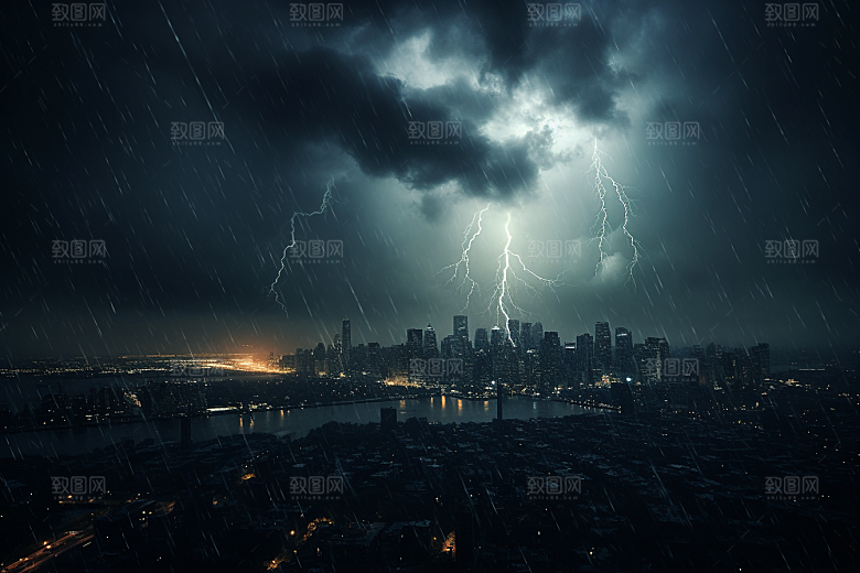 暴雨闪电城市恶劣天气摄影图