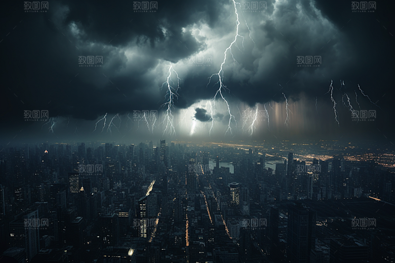 暴雨闪电雷暴城市摄影图