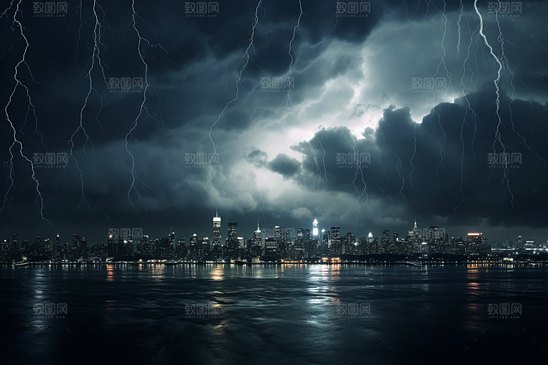暴雨闪电城市恶劣天气摄影图