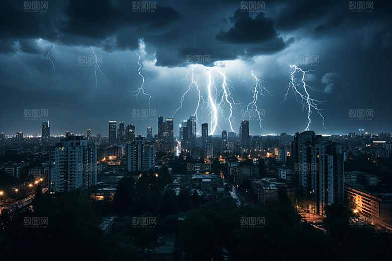 暴雨闪电城市电闪雷鸣摄影图
