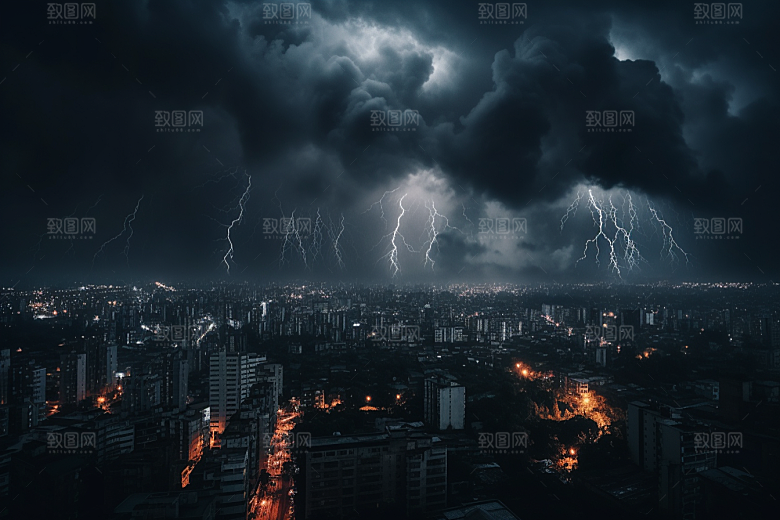 暴雨闪电城市高清摄影图