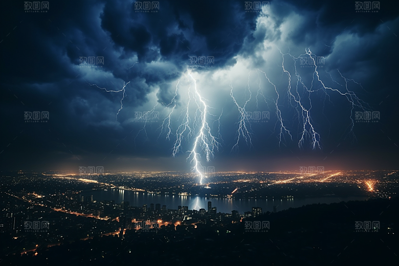暴雨闪电电闪雷鸣自然灾害摄影图