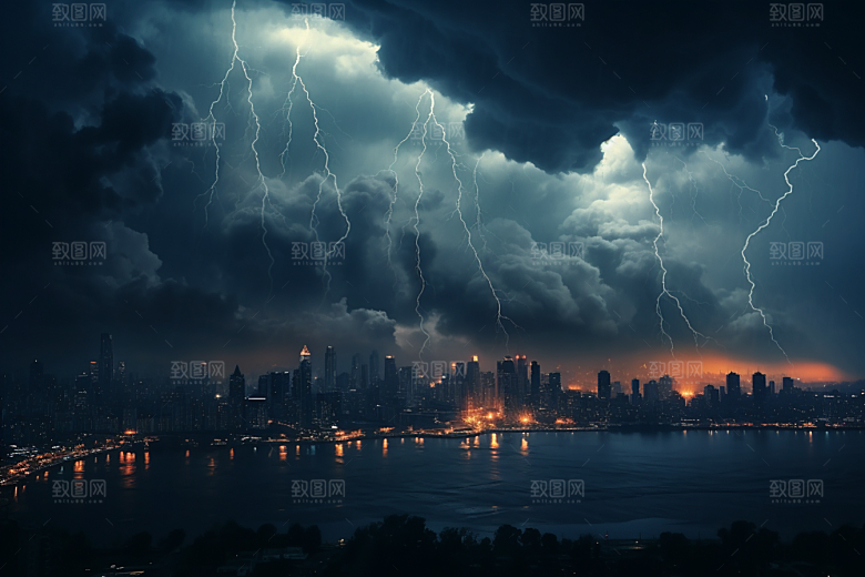 暴雨闪电极端天气电闪雷鸣摄影图