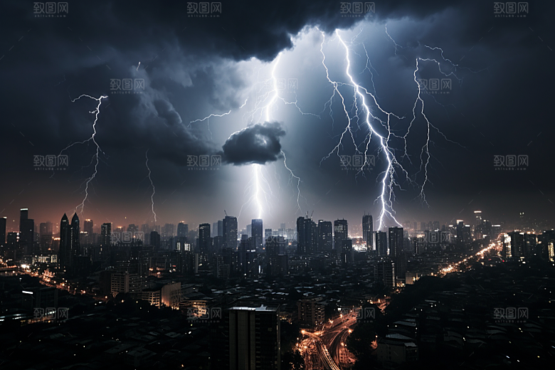 暴雨闪电城市自然现象摄影图